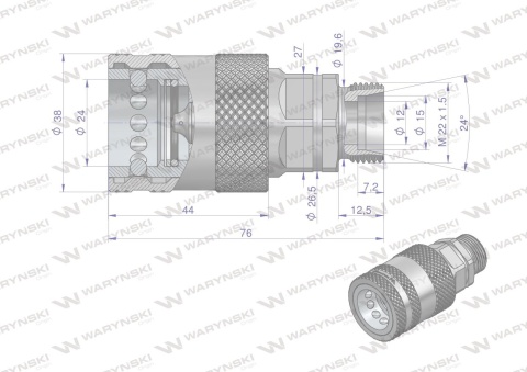 Szybkozłącze hydrauliczne gniazdo z eliminatorem ciśnienia M22x1.5 gwint zew. EURO PUSH-PULL (9100822G) (ISO 7241-A) Waryński Szybkozłącze hydrauliczne gniazdo z eliminatorem ciśnienia M22x1.5 gwint zew. EURO PUSH-PULL (9100822G) (ISO 7241-A) Waryński