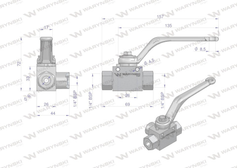 Zawór kulowy hydrauliczny 3-drogowy 3/2 - 1/4"BSP z otworami mocującymi 500 bar Waryński Zawór kulowy hydrauliczny 3-drogowy 3/2 - 1/4"BSP z otworami mocującymi 500 bar Waryński