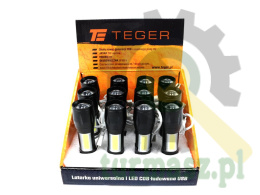 Latarka uniwersalna LED COB 200 lm ładowana USB sprzedawana po 12 szt w kartoniku ekspozycyjnym Teger