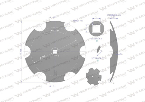 Talerz uzębiony Z-6 fi 460 otwór 30x30 stal borowa Waryński 1202030150 Talerz uzębiony Z-6 fi 460 otwór 30x30 stal borowa Waryński 1202030150