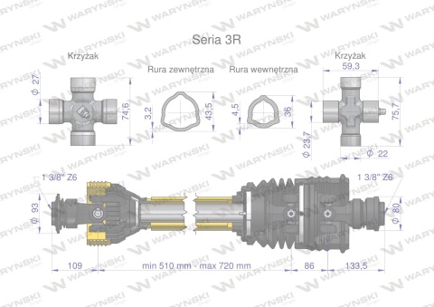 Wał przegubowo-teleskopowy 510-720mm 460Nm szerokokątny od st.maszyny CE seria 3R WARYŃSKI Wał przegubowo-teleskopowy 510-720mm 460Nm szerokokątny od st.maszyny CE seria 3R WARYŃSKI