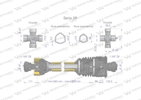 Wał przegubowo-teleskopowy 860-1200mm 460Nm szerokokątny od st.maszyny CE 2020 seria 3R WARYŃSKI Wał przegubowo-teleskopowy 860-1200mm 460Nm szerokokątny od st.maszyny CE 2020 seria 3R WARYŃSKI