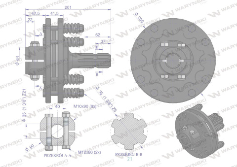 Sprzęgło zewnętrzne cierne wału 750Nm - otwór 1 3/8 Z21 wałek 1 3/8 Z6 Waryński Sprzęgło zewnętrzne cierne wału 750Nm - otwór 1 3/8 Z21 wałek 1 3/8 Z6 Waryński