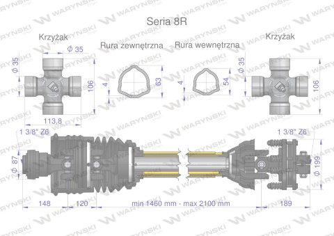Wał przegubowo-teleskopowy 1460-2100mm 1240Nm szerokokątny dr.st. sprzęgło cierne 2000Nm CE 2020 seria 8R Waryński Wał przegubowo-teleskopowy 1460-2100mm 1240Nm szerokokątny dr.st. sprzęgło cierne 2000Nm CE 2020 seria 8R Waryński