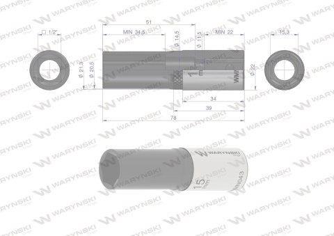 Nasadka sześciokątna 1/2". 15 mm. długa. CrV50BV30. DIN 3124. Waryński Nasadka sześciokątna 1/2". 15 mm. długa. CrV50BV30. DIN 3124. Waryński