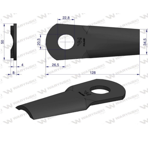 Nóż. nożyk kosiarka gięty 128X50X4mm otwór 20.5x22.8 zastosowanie 561103000 Kvereland Taarup WARYŃSKI ( sprzedawane po 25 ) Nóż. nożyk kosiarka gięty 128X50X4mm otwór 20.5x22.8 zastosowanie 561103000 Kvereland Taarup WARYŃSKI ( sprzedawane po 25 )