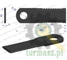 Nóż, obrotowy rozdrabniacz słomy sieczkarnia uzębiony 165x50x5mm otwór 25 zastosowanie DS175 WARYŃSKI, Waryński