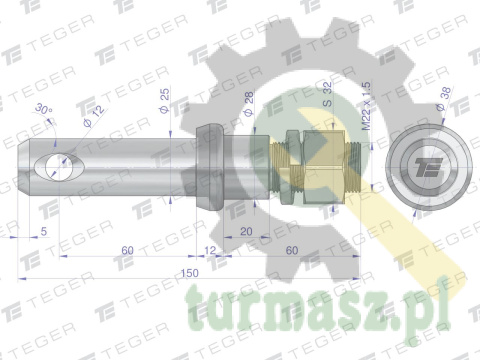 Sworzeń z gwintem T-SG25602240150 fi 25/60 mm M22x1.5/40 mm 150 mm TEGER