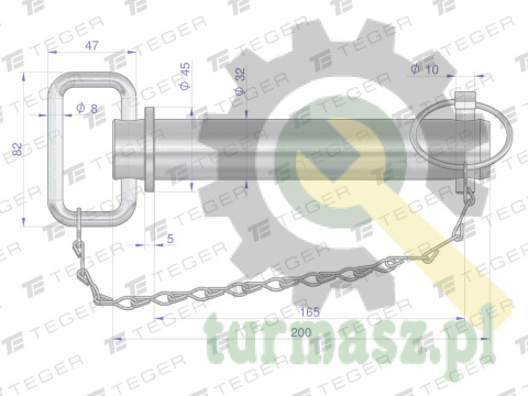 Sworzeń zaczepu z zawleczką i łańcuchem 32x165x200 TEGER