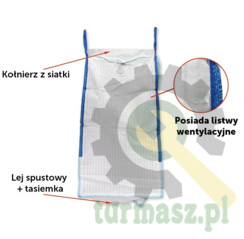 Worek BIG BAG 1000kg. wentylowany. 95 x 95 x 180. 4 uchwyty. Kołnierz/Lej spustowy. Tasiemka /TEGER