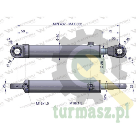 Cylinder hydrauliczny - siłownik dwustronny wspomagania CJF-50/28/200Z (sworzeń 25mm) Bizon Waryński