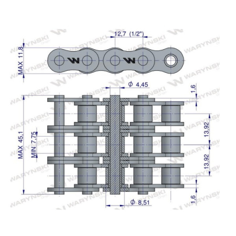 Łańcuch rolkowy 08B-3 (R3 1/2) 5 m Waryński Łańcuch rolkowy 08B-3 (R3 1/2) 5 m Waryński
