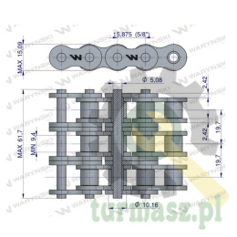 Łańcuch rolkowy wzmocniony przemysłowy 10AH-3 ANSI A 50H (R3 5/8) 5 m Waryński