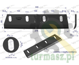 Nóż sieczkarni napawany lewy do trawy 380x90x8.5L otwory 4x35mm zastosowanie Claas Jaguar 9846700 WARYŃSKI