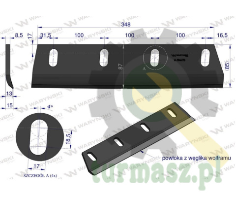 Nóż sieczkarni napawany prawy do trawy 380x90x8.5R otwory 4x35mm zastosowanie Claas Jaguar 9846710 WARYŃSKI