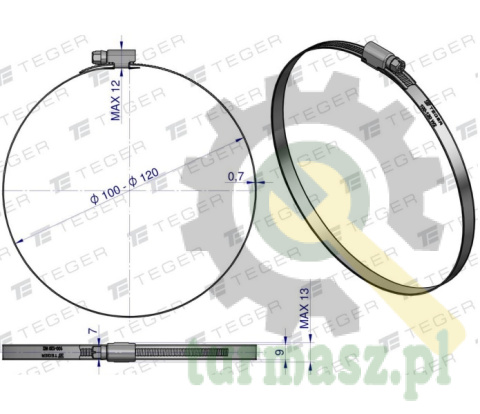 Opaska zaciskowa 100-120 ślimakowa (obejma W2 - stal nierdzewna) szerkość 9mm TEGER ( sprzedawane po 10 )