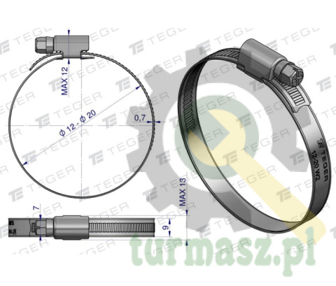 Opaska zaciskowa 12-20 ślimakowa (obejma W2 - stal nierdzewna) szerkość 9mm TEGER ( sprzedawane po 50 )