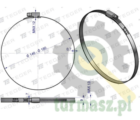 Opaska zaciskowa 140-160 ślimakowa (obejma W2 - stal nierdzewna) szerkość 9mm TEGER ( sprzedawane po 10 )