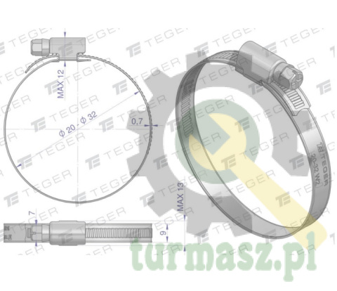 Opaska zaciskowa 20-32 ślimakowa (obejma W2 - stal nierdzewna) szerkość 9mm TEGER ( sprzedawane po 50 )