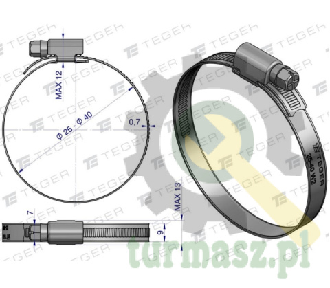 Opaska zaciskowa 25-40 ślimakowa (obejma W2 - stal nierdzewna) szerkość 9mm TEGER ( sprzedawane po 50 )