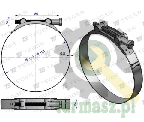 Opaska zaciskowa GBS 113-121 (obejma W2 - stal nierdzewna) szerkość 24mm TEGER ( sprzedawane po 5 )