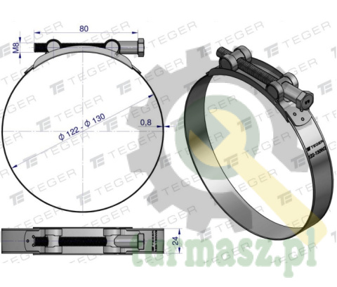 Opaska zaciskowa GBS 122-130 (obejma W2 - stal nierdzewna) szerkość 24mm TEGER ( sprzedawane po 5 )