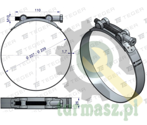 Opaska zaciskowa GBS 227-239 (obejma W1 - stal ocynkowana) szerkość 26mm TEGER ( sprzedawane po 5 )