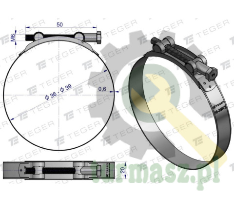 Opaska zaciskowa GBS 36-39 (obejma W2 - stal nierdzewna) szerkość 20mm TEGER ( sprzedawane po 10 )