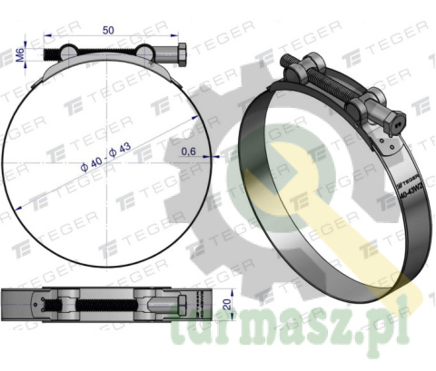 Opaska zaciskowa GBS 40-43 (obejma W2 - stal nierdzewna) szerkość 20mm TEGER ( sprzedawane po 10 )