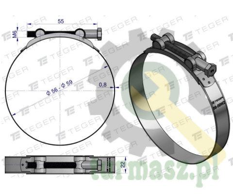 Opaska zaciskowa GBS 56-59 (obejma W2 - stal nierdzewna) szerkość 22mm TEGER ( sprzedawane po 10 )