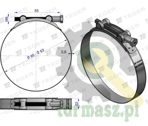 Opaska zaciskowa GBS 60-63 (obejma W2 - stal nierdzewna) szerkość 22mm TEGER ( sprzedawane po 10 )