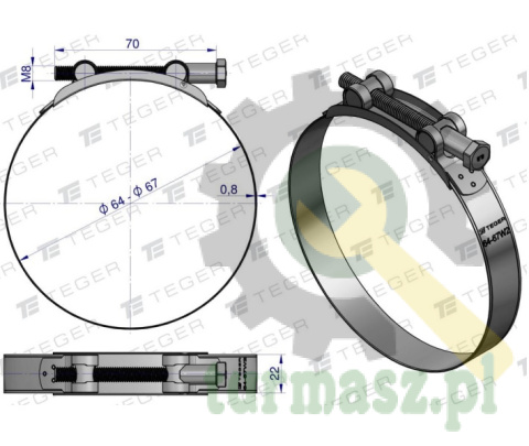 Opaska zaciskowa GBS 64-67 (obejma W2 - stal nierdzewna) szerkość 22mm TEGER ( sprzedawane po 10 )