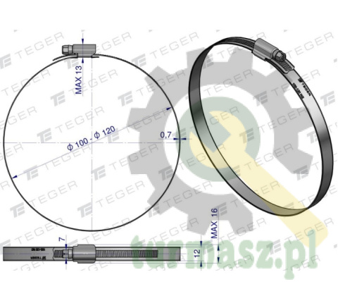 Opaska zaciskowa wzmocniona 100-120 ślimakowa (obejma W2 - stal nierdzewna) szerkość 12mm TEGER ( sprzedawane po 10 )