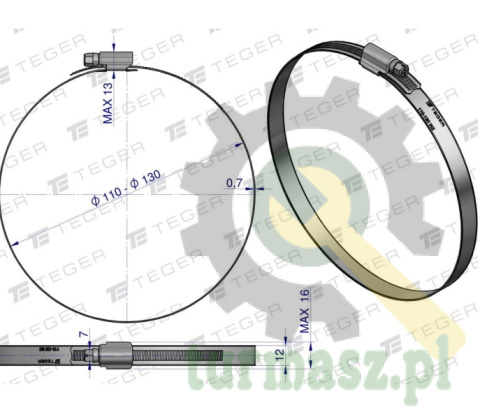 Opaska zaciskowa wzmocniona 110-130 ślimakowa (obejma W2 - stal nierdzewna) szerkość 12mm TEGER ( sprzedawane po 10 )