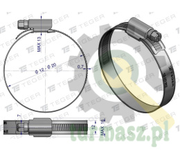 Opaska zaciskowa wzmocniona 12-20 ślimakowa (obejma W2 - stal nierdzewna) szerkość 12mm TEGER ( sprzedawane po 50 )