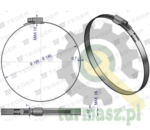 Opaska zaciskowa wzmocniona 120-140 ślimakowa (obejma W2 - stal nierdzewna) szerkość 12mm TEGER ( sprzedawane po 10 )