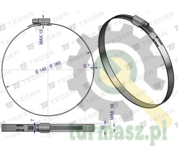 Opaska zaciskowa wzmocniona 140-160 ślimakowa (obejma W2 - stal nierdzewna) szerkość 12mm TEGER ( sprzedawane po 10 )