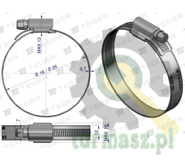 Opaska zaciskowa wzmocniona 16-25 ślimakowa (obejma W2 - stal nierdzewna) szerkość 12mm TEGER ( sprzedawane po 50 )