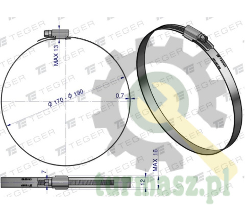 Opaska zaciskowa wzmocniona 170-190 ślimakowa (obejma W2 - stal nierdzewna) szerkość 12mm TEGER ( sprzedawane po 10 )