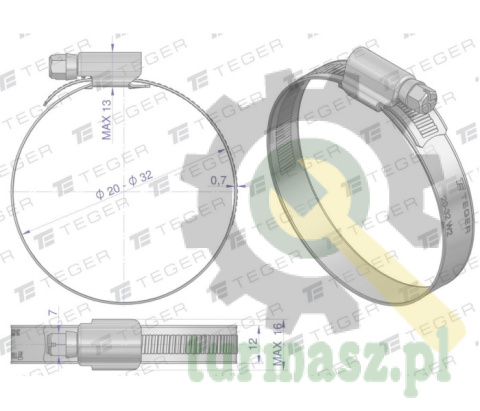 Opaska zaciskowa wzmocniona 20-32 ślimakowa (obejma W2 - stal nierdzewna) szerkość 12mm TEGER ( sprzedawane po 50 )