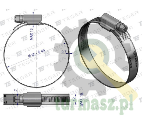 Opaska zaciskowa wzmocniona 25-40 ślimakowa (obejma W2 - stal nierdzewna) szerkość 12mm TEGER ( sprzedawane po 50 )