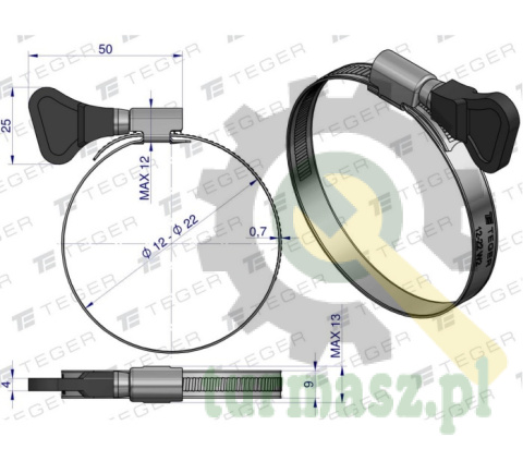 Opaska zaciskowa z pokrętłem 12-22 ślimakowa (obejma W2 - stal nierdzewna) szerkość 9mm (blister) TEGER ( sprzedawane po 15 )