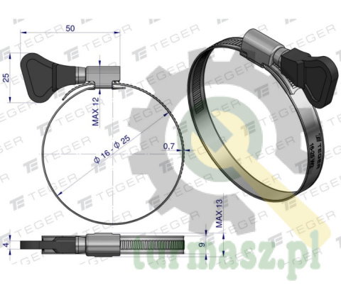 Opaska zaciskowa z pokrętłem 16-25 ślimakowa (obejma W2 - stal nierdzewna) szerkość 9mm TEGER ( sprzedawane po 50 )