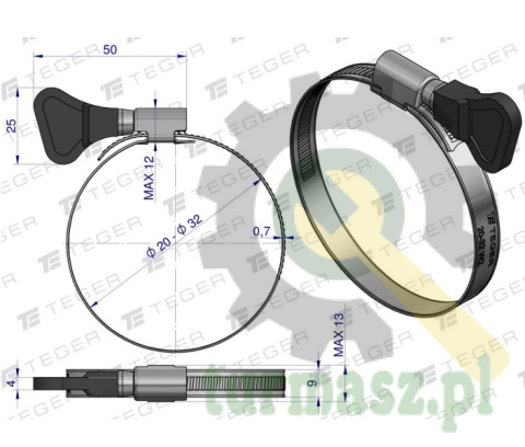 Opaska zaciskowa z pokrętłem 20-32 ślimakowa (obejma W2 - stal nierdzewna) szerkość 9mm TEGER ( sprzedawane po 50 )