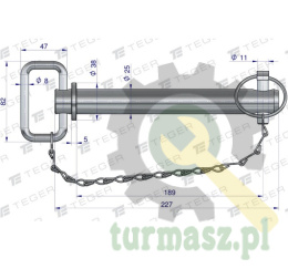 Sworzeń zaczepu z zawleczką i łańcuchem 25x189x227 TEGER