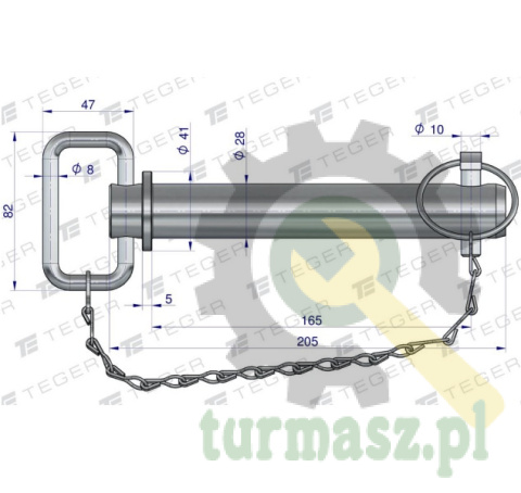 Sworzeń zaczepu z zawleczką i łańcuchem 28x165x205 TEGER