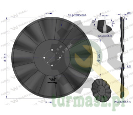 Talerz, prosty falowany 510 mocowanie 4/98 grubość 4,5 mm stal borowa, Waryński