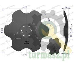 Talerz, skrajny lewy fi 510 mocowanie 6/120 grubość 3,5 mm stal borowa, Waryński