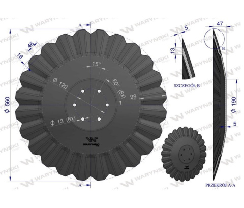 Talerz, tłoczony fi 560 mocowanie 6/120 grubość 5 mm stal borowa, Waryński Talerz, tłoczony fi 560 mocowanie 6/120 grubość 5 mm stal borowa, Waryński