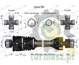 Wał, przegubowo-teleskopowy 1290-1990mm 1240Nm szerokokątny Z20 - 1 3/4 z drugiej strony sprzęgło jednokierunkowe Z20 - 1 3/4 CE